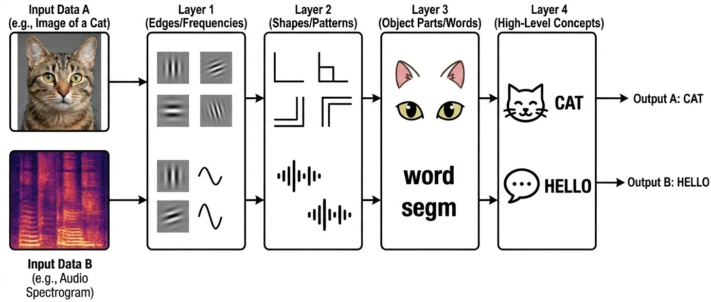 As a result of the optimization process, the different layers of a neural network tend to learn increasingly abstract representations of the input data.