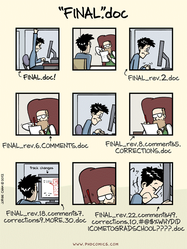 A comic strip titled "final.doc" by PhD Comics. The first panel shows a student saving a document on their computer and naming the file "final.doc". The second panel shows their professor editing the document on a printed piece of paper. The third panel shows the student making the edits and naming the new document "final_rev2.doc". The fourth to ninth panels go back and forth between the professor and the student, with increasingly complex file names. By the end the student is exasperated and hitting their head on their computer screen.