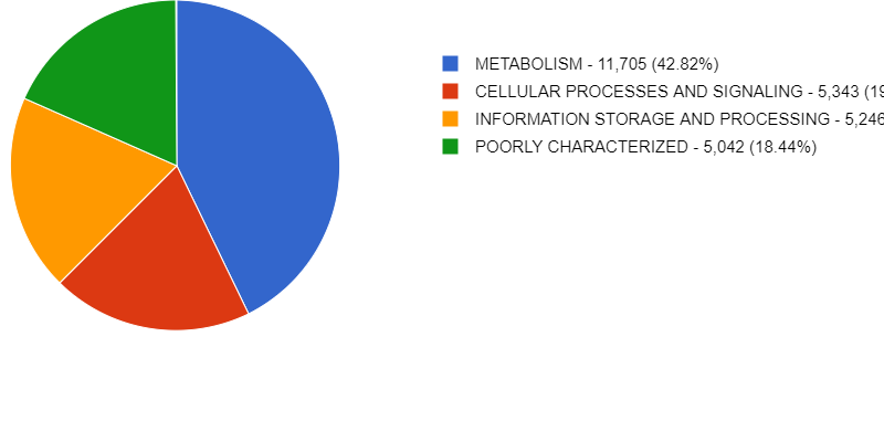 Pie chart showing the relative abundance of general functional categories, and the legend with the category names, read count, and percentages.