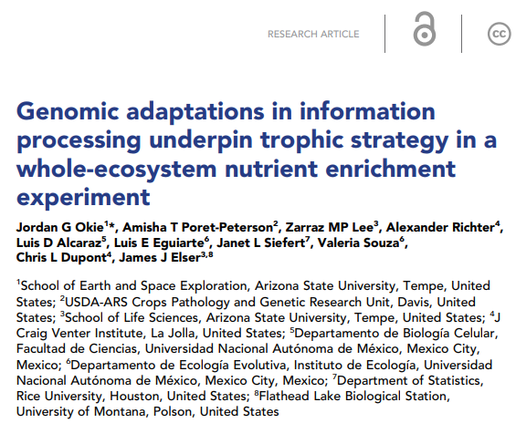 Screenshot of the cover page of the article named: Genomic adaptations in information processing underpin trophic strategy in a whole-ecosystem nutrient enrichment experiment