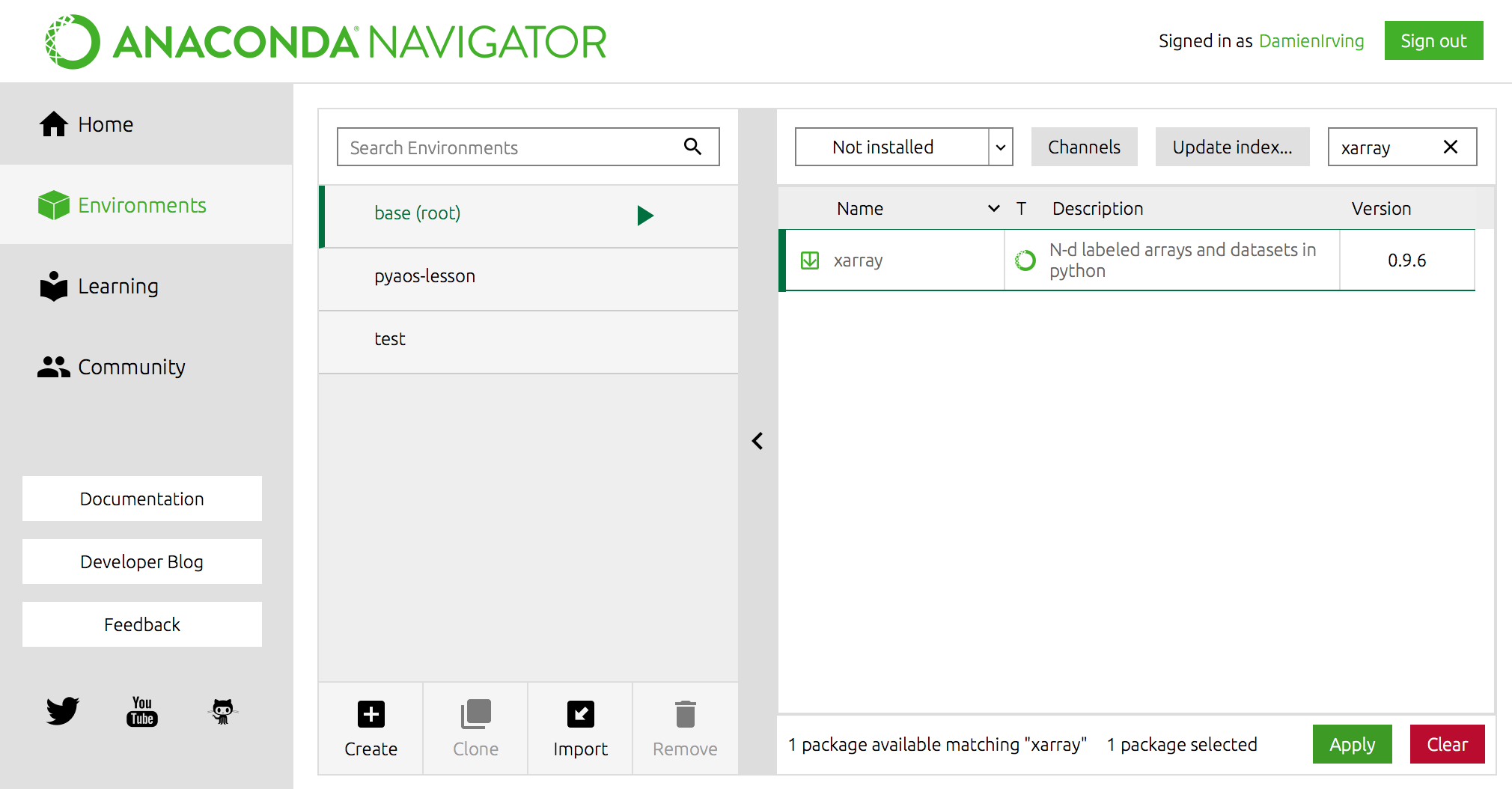 Anaconda Navigator install xarray